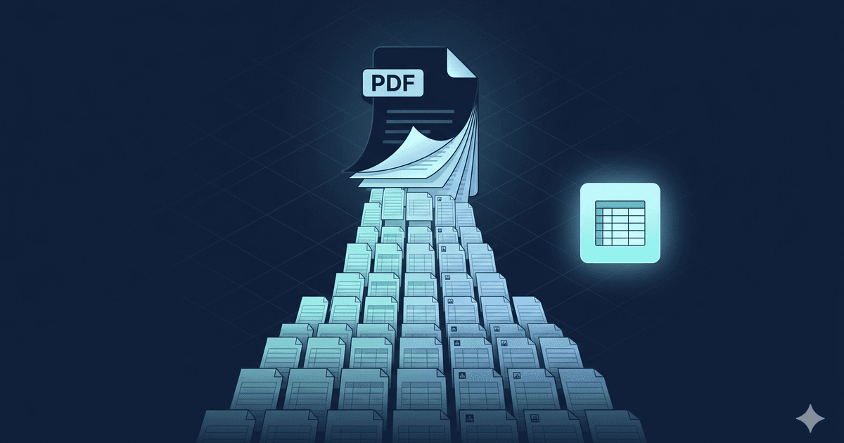Ilustración de un documento PDF sobre una larga escalera de filas de datos apiladas, con un icono de hoja de cálculo al lado, sobre fondo azul oscuro