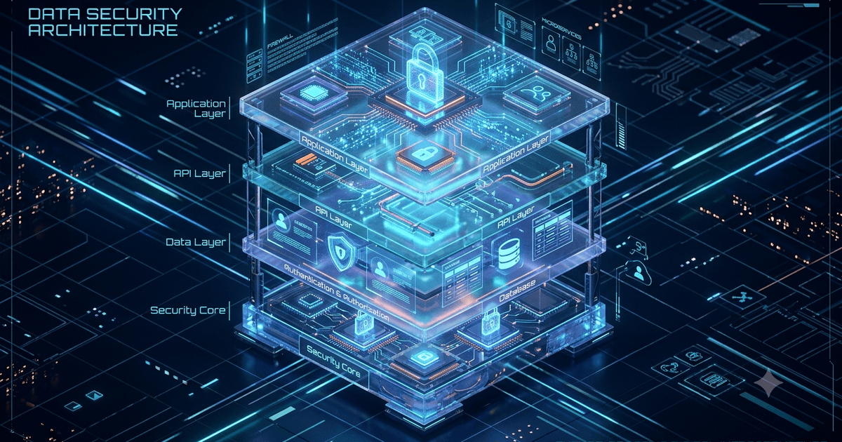 Ilustración isométrica de una arquitectura de seguridad de datos en cuatro capas apiladas —aplicación, API, datos y núcleo de seguridad— sobre fondo azul oscuro