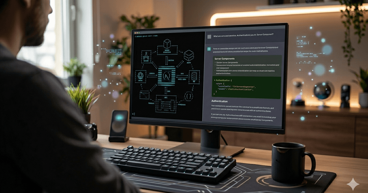 Desarrollador frente a un monitor con un diagrama de arquitectura y una conversación de IA en la terminal, en un escritorio con luz cálida