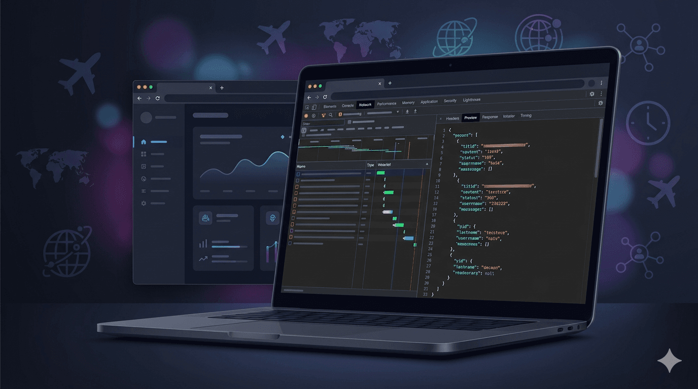 Portátil con un editor de código y un dashboard de datos sobre fondo oscuro, rodeado de iconos de aviones y mapas — alusión a TourTracker y al mundo del turismo